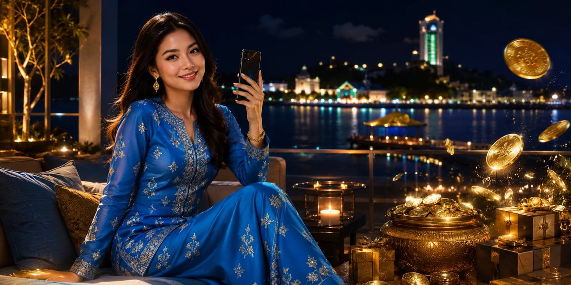 Pengguna Malaysia dalam baju kurung mengakses promosi kasino melalui telefon